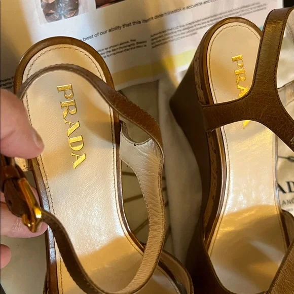 Prada, size 37.5 EU (7 US), Tan Leather Wedge Sandals, w/ Prada dust bag & COA - Picture 5 of 12
